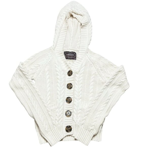Old Navy Cardigan Sweater Girls Size L Cream Chunky Cable Knit Cropped Hooded - Picture 1 of 4